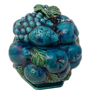 Vintage Blue Mood Indigo Ceramic Fruit Basket Cookie Jar 3d Centerpiece Inarco