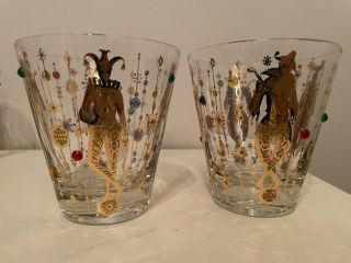 Set Of 8 - CULVER MID - CENTURY SIGNED MARDI GRAS JESTER DOUBLE OLD FASHION GLASSES 2