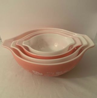Vintage Mid Century Set 4 Pyrex Pink Gooseberry Cinderella Nesting Mixing Bowls