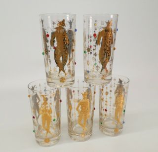 Set Of 5 Culver Harlequin Jester Jeweled Glasses Mardi Gras 12oz Tumbler Vtg