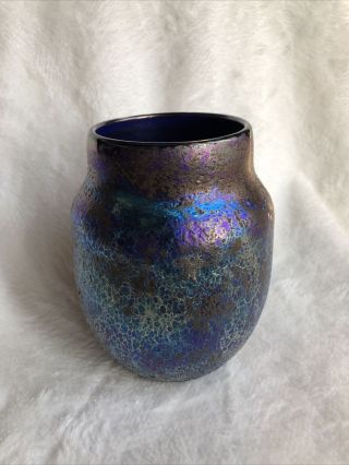 Charles Lotton Studios Blue Molten Lava Vase Signed 1974 Vintage 6 " Tall
