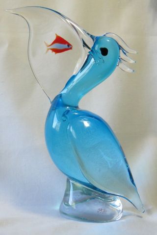 Elio Raffaeli Oggetti Murano Art Glass Pelican W/fish In Pouch Italy Auth Signed