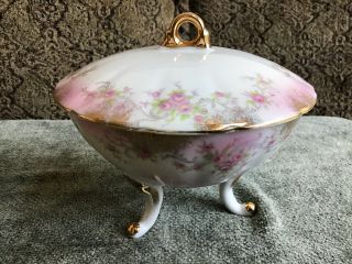 Vintage Lefton Hand Painted Three Footed Covered Candy Dish Mother 