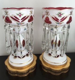 Large Victorian Bohemian Porcelain & Cut Glass Mantle Lustres Electr 15”