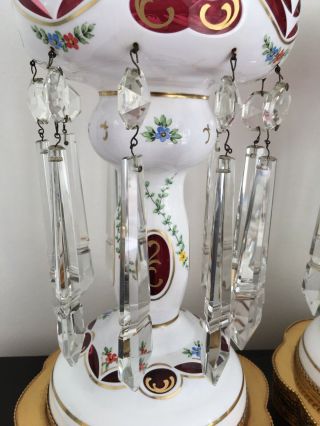 Large Victorian Bohemian Porcelain & Cut Glass Mantle Lustres Electr 15” 3