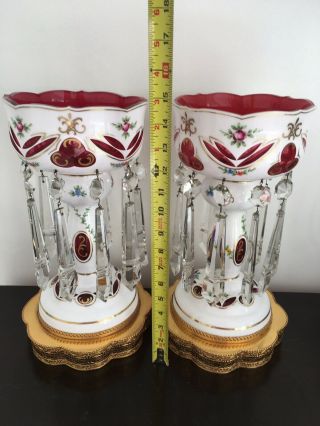 Large Victorian Bohemian Porcelain & Cut Glass Mantle Lustres Electr 15” 4