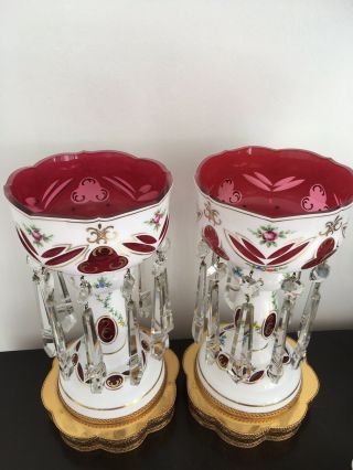 Large Victorian Bohemian Porcelain & Cut Glass Mantle Lustres Electr 15” 5