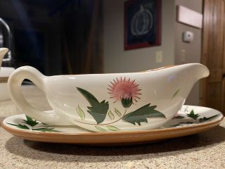 Vintage Stangl Pink Thistle Sauce Gravy Boat With Under Plate