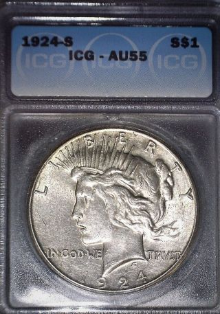 1924 - S Peace Silver Dollar.  Icg Au55.  Tough Date,  Bright White And Issue