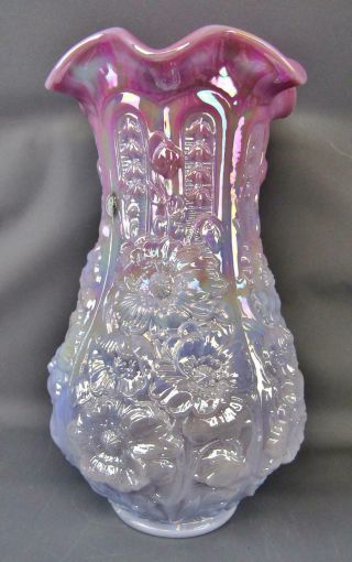Fenton Poppy Show Blue Burmese Carnival Glass Vase For Singleton Bailey F067