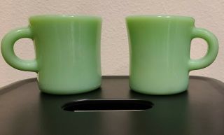2 Vintage Jadeite Block Letter Fire King Oven Glass Restaurant Ware Mug Cup