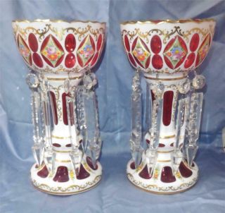 Mantel Lusters White Cut To Cranberry Bohemia 16 Prisms Candlestick Candle Euc