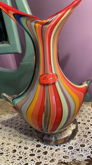 Vtg Murano Art Glass Multi Color Swirl Vase W/tag,  Sticker
