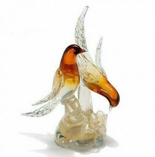 Salviati Murano Amber Sommerso Gold Flecks Italian Art Glass 11 " Bird Sculpture