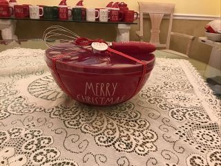 Htf Rae Dunn – Red Merry Christmas Large 10 " Mixing Bowl With Ho Ho Ho Whisk Set