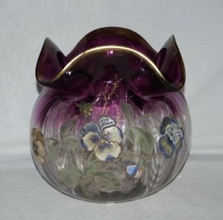 Mt Joye Legras St Denis Pansy Enamel Decorated Art Glass Large 7.  5 " Vase