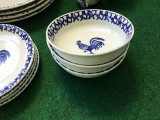 Tienshan Folkcraft Rooster Stoneware Blue Sponge Set Of 3 Cereal Bowls