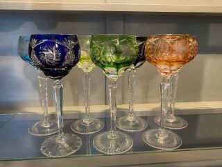 Nachtmann Bleikristall Crystal Wine Glasses Cut To Clear Multi Colors - 7pc