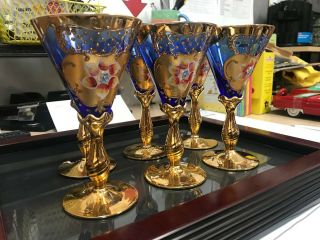 Midcentury Modern Murano Venetian Cobalt Blue Wine Glass Goblets - Set Of 6