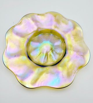 Tiffany Lct Gold Favrile Art Glass Blue Iridescent N9325 Ruffled Plate 6 5/8 "