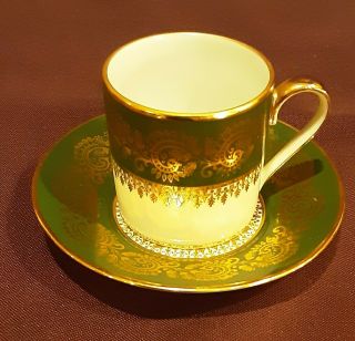 Limoges France Porcelain Demitasse Cup And Saucer - White,  Green And Gold