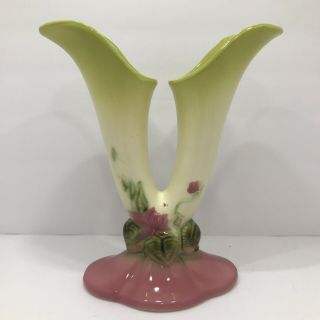 Hull Pottery Woodland Green Double Vase W15 - 8 1/2” Usa
