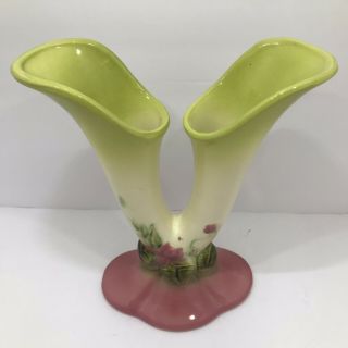 Hull Pottery Woodland Green Double Vase W15 - 8 1/2” USA 3