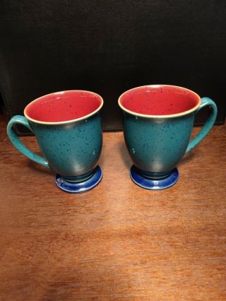Set Of 2 Denby England Stoneware Harlequin Footed Mugs Green Red Blue Speckled