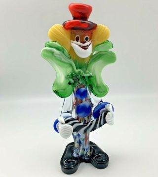 Vintage Murano Glass Clown Accordion Figurine 12 " Tall Large Green Bow Blue Red