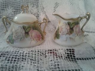 Vintage Royal Rudolstadt Prussia Pink Roses Porcelain Creamer And Sugar