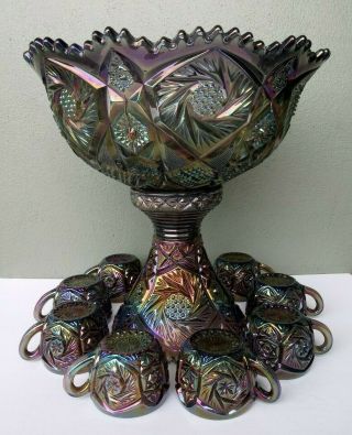 Imperial - Whirling Star - Peacock Carnival Glass Punch Bowl W/ Stand & 8 Cups
