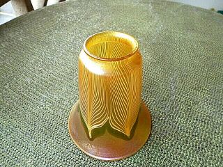 QUEZAL SIGNED GOLD AURENE PULLED FEATHER IRIDESCENT LAMP SHADE - PRISTINE 4
