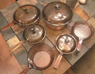 11 Pc Visions Visionware Corning Ware Amber Glass Cookware Saucepans Skillets