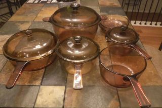 11 Pc Visions Visionware Corning Ware Amber Glass Cookware Saucepans Skillets 3