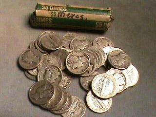 Roll Of 90 Silver Mercury Dimes Mixed Dates 5$ Face Value 50 Coins