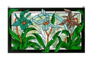 34.  75 " L X 20.  5 " H Handcrafted Stained Glass Window Panel Iris Flowers