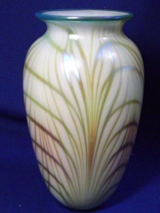 Very Early Charles Lotton Art Glass 7” Pulled Feather Vase Signed 1971