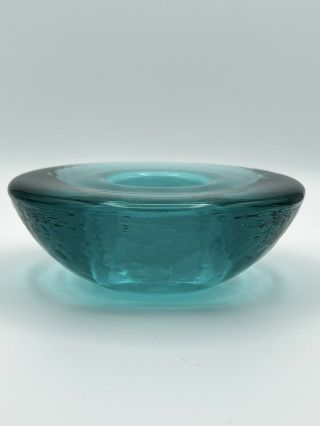 Signed Fire And Light Recycled Glass Wide Lip Aqua Candle Holder Votive 6 "