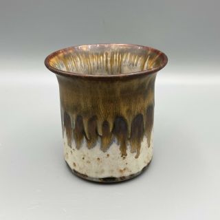 Vintage Mid Century Studio Pottery Brown Drip Glaze Container Cup Vase Signed