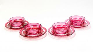 4 Val St (saint) Lambert Red To Clear Cut Glass Finger Bowl & Saucer In Blarney