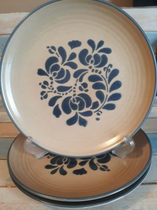 3 Vtg Pfaltzgraff Folk Art Dinner Plates 10.  25 " Tan Blue Dishes Stoneware