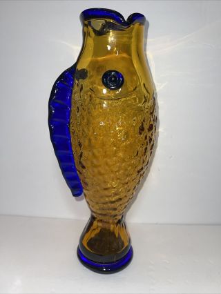 Vintage Blenko Glass Fish Vase Hank Adams 16.  5” Topaz & Cobalt Blue Amber Orange