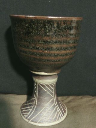 Abstract Modern Art Studio Hand Thrown Pottery Brown Drip Glaze Goblet