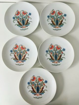 Vintage 5 Berggren White Plates 7 5/8 " Sweden Rosemaling Folk Art Flowers Vg