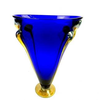 Bohemian Czech Art Glass Cobalt Iridescent Gold Tadpoles Large 12 1/2 " Vase