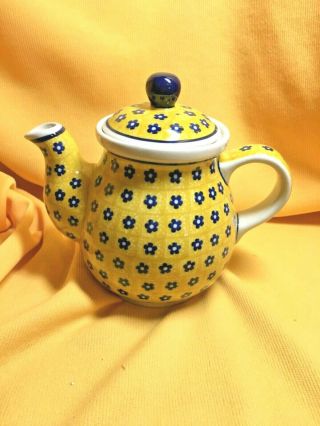 Boleslawiec Polish Pottery Yellow W/blue Flowers 3 Cup Teapot - Nwt