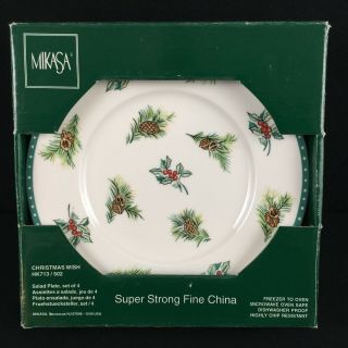 Set Of 4 Salad Plates Mikasa Christmas Wish Ultima,  Holly Berry Pinecone Hk713