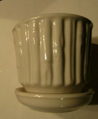 Vintage White Mccoy Bamboo Flower Pot With Attached Saucer 4 "