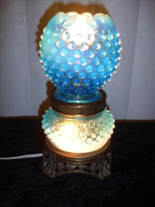 Fenton Blue Hobnail Opalescent Small Brass Lamp
