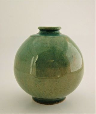 Hand Thrown Studio Pottery Ball Vase Green Glaze Signed